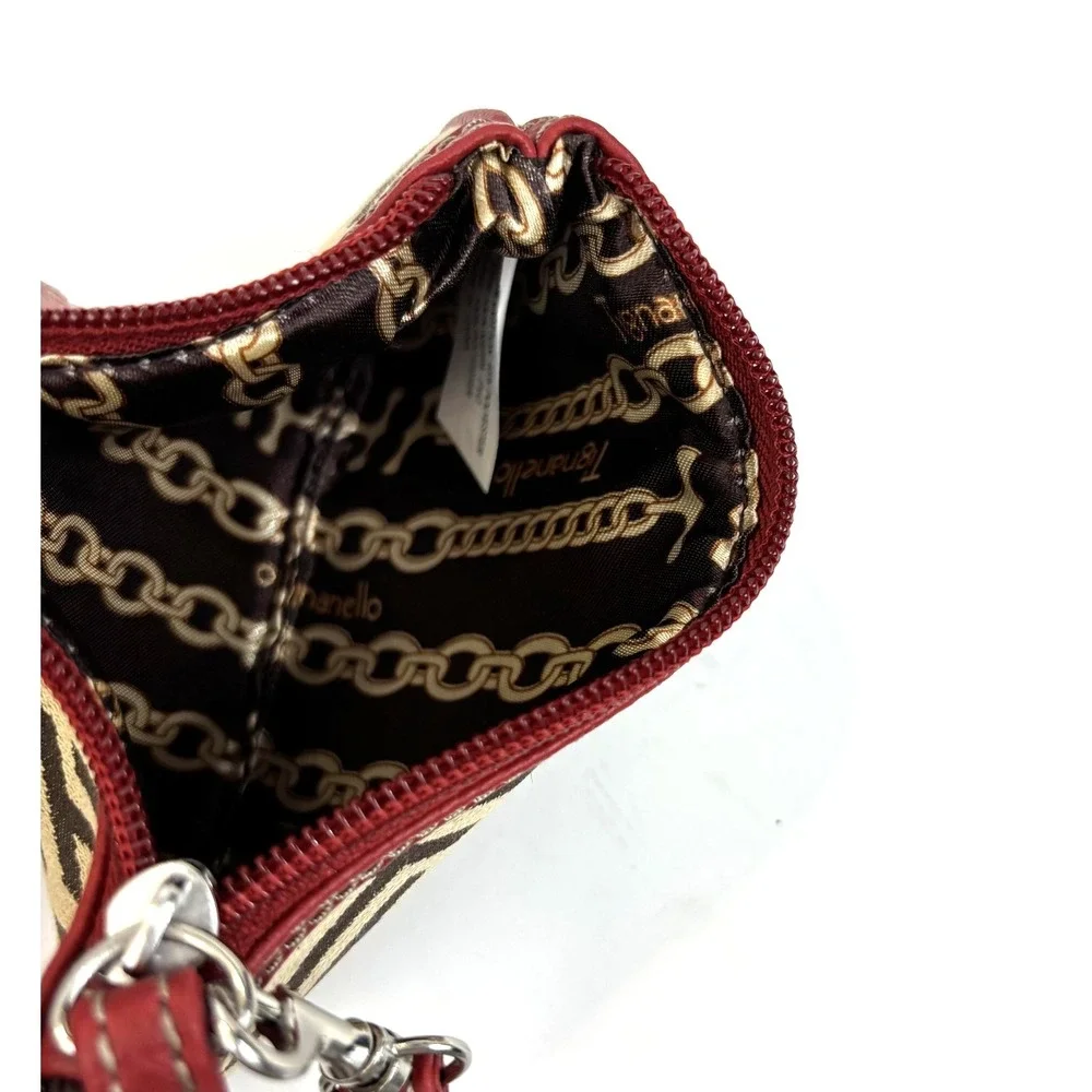 Tignanello Logo Wristlet Clutch‎ Bag Small Brown Red Trim Canvas Zip Top